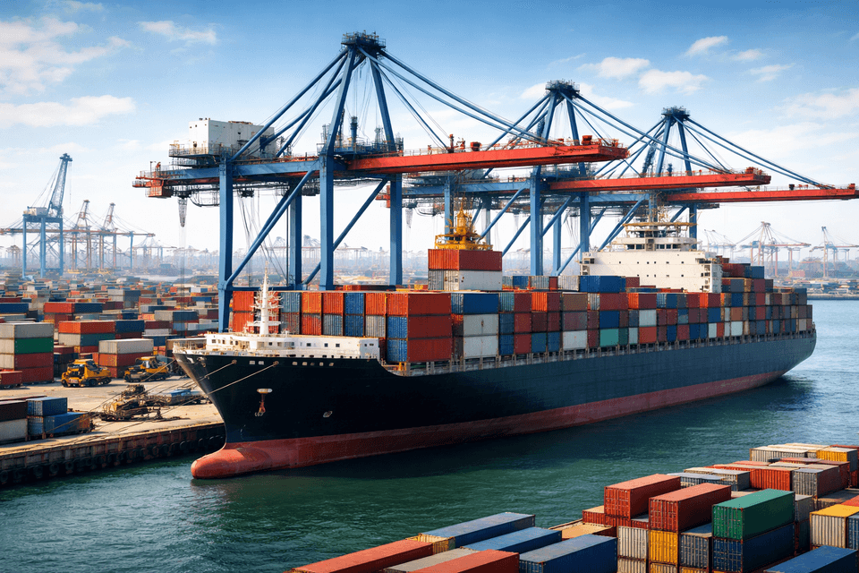 Cargo ship being loaded at a port under maritime cost and freight agreement