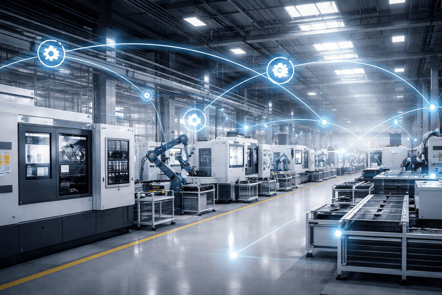 Industrial manufacturing environment with interconnected digital devices and sensors illustrating the Internet of Things concept